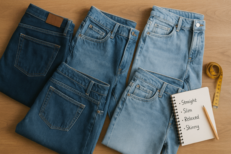 Różnorodne fasony jeansów leżące na stole obok miarki i notatnika z opisem dopasowania do sylwetki