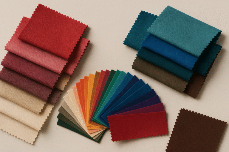 Zestaw kolorowych próbek tkanin reprezentujących różne typy kolorystyczne i palety barw