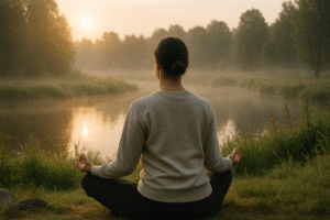 Osoba praktykująca mindfulness na łonie natury podczas spokojnego poranka