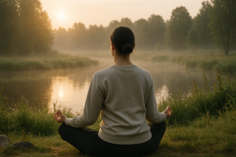 Osoba praktykująca mindfulness na łonie natury podczas spokojnego poranka