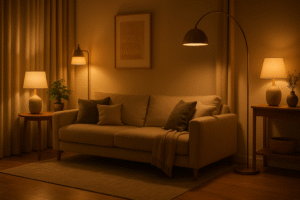 Nowoczesny salon z wieloma źródłami światła tworzącymi ciepły i klimatyczny nastrój pomieszczenia