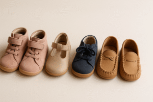 Małe dziecięce buty na jasnym tle pokazujące różne kształty i rozmiary dla pierwszych kroków dziecka