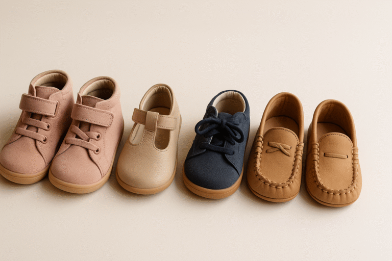 Małe dziecięce buty na jasnym tle pokazujące różne kształty i rozmiary dla pierwszych kroków dziecka