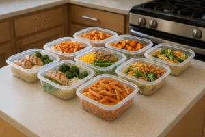 Zorganizowane pudełka z przygotowanymi posiłkami na cały tydzień ustawione na kuchennym blacie