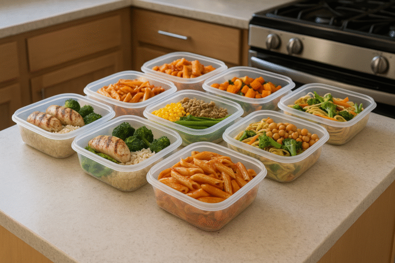 Zorganizowane pudełka z przygotowanymi posiłkami na cały tydzień ustawione na kuchennym blacie