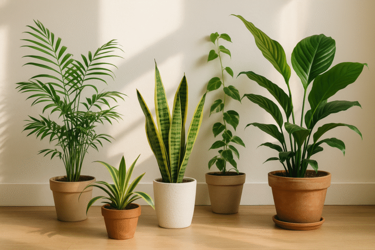 Zestaw roślin doniczkowych oczyszczających powietrze ustawionych na jasnym tle w domowym otoczeniu