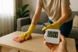 Osoba sprzątająca dom metodycznie, używająca timeru do 15 minutowego sprzątania pomieszczenia