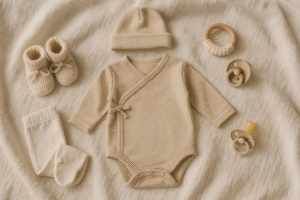 Delikatne ubranka i akcesoria dla noworodka ułożone na miękkim kocu, gotowe do użycia