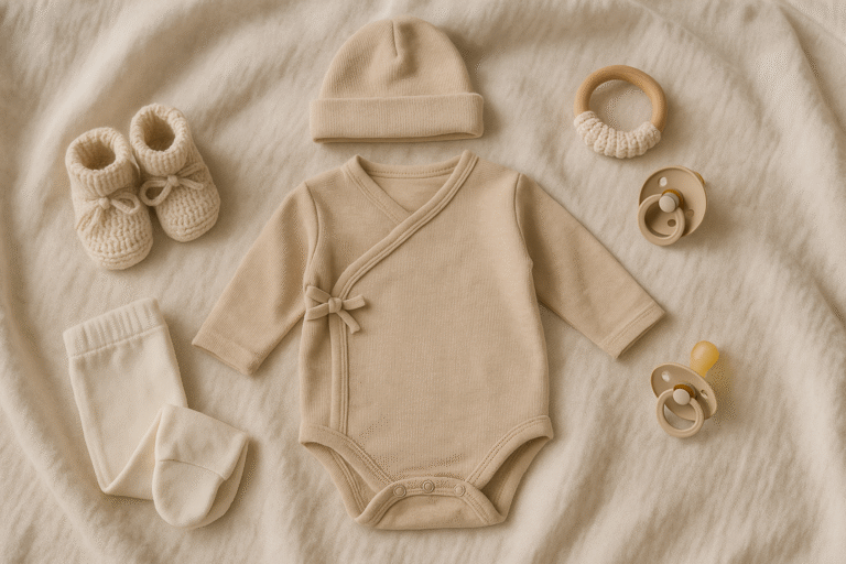 Delikatne ubranka i akcesoria dla noworodka ułożone na miękkim kocu, gotowe do użycia